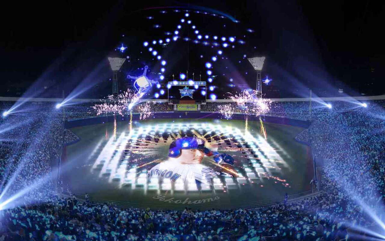 3 30 Fri Yokohama Dena Baystars Is Home To The Yokohama Stadium At The Opening Game Naked Directs Drone X Projection Mapping Naked Inc Naked Corporation